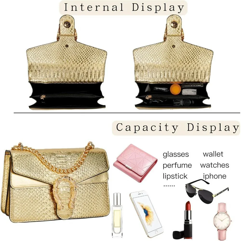 ⚡ Women's Leather Vintage Snake Print Crossbody Gold Square Satchel Handbag
